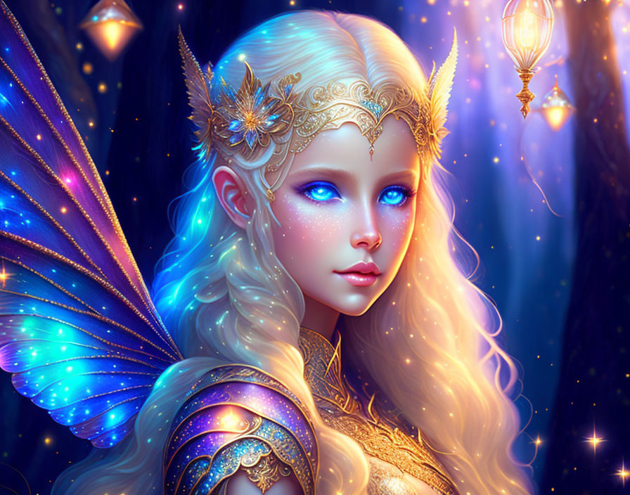 Fantasy elf with blue eyes, gold headpiece, butterfly wings in starry setting