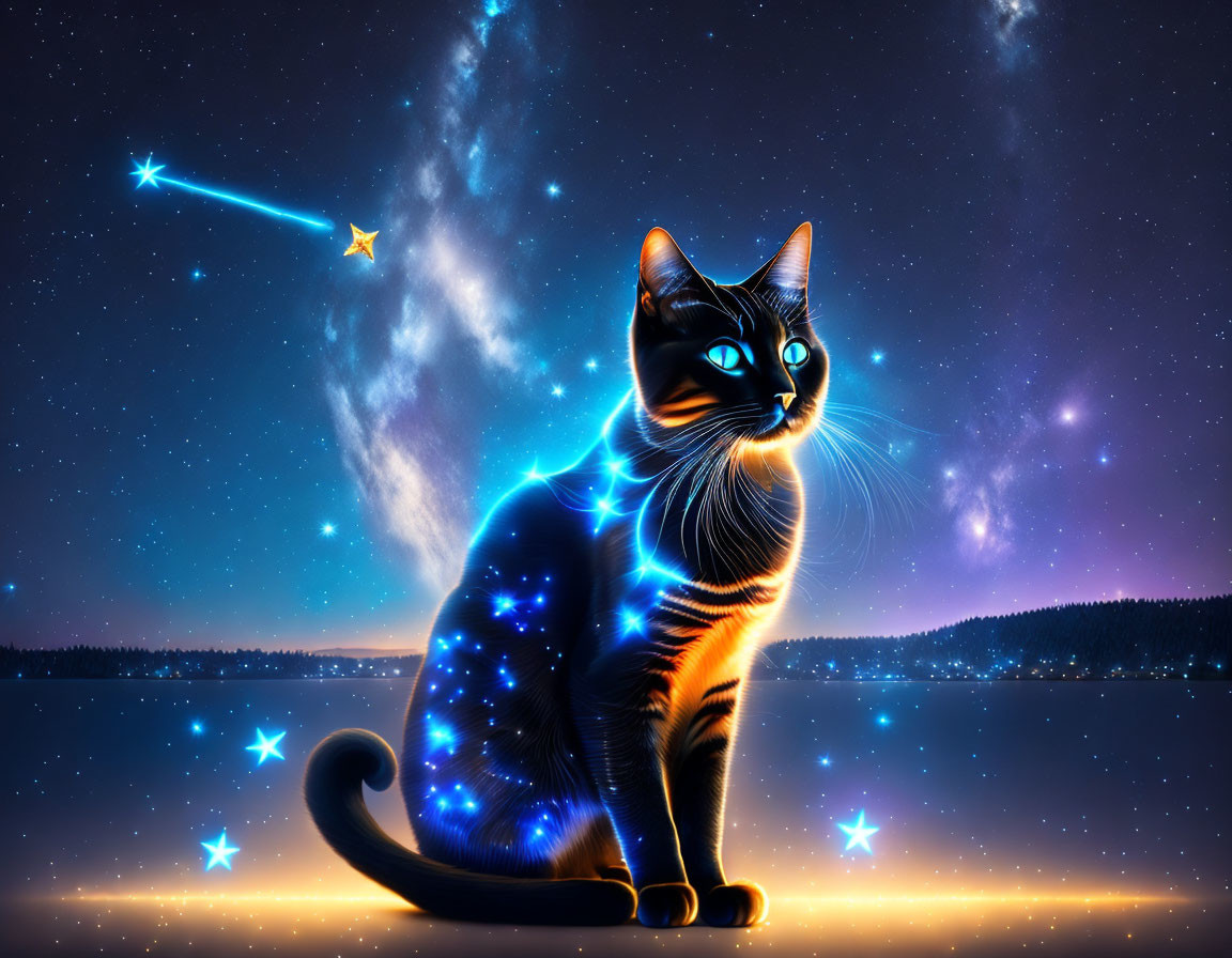 Cosmic-themed cat digital artwork with starry night backdrop