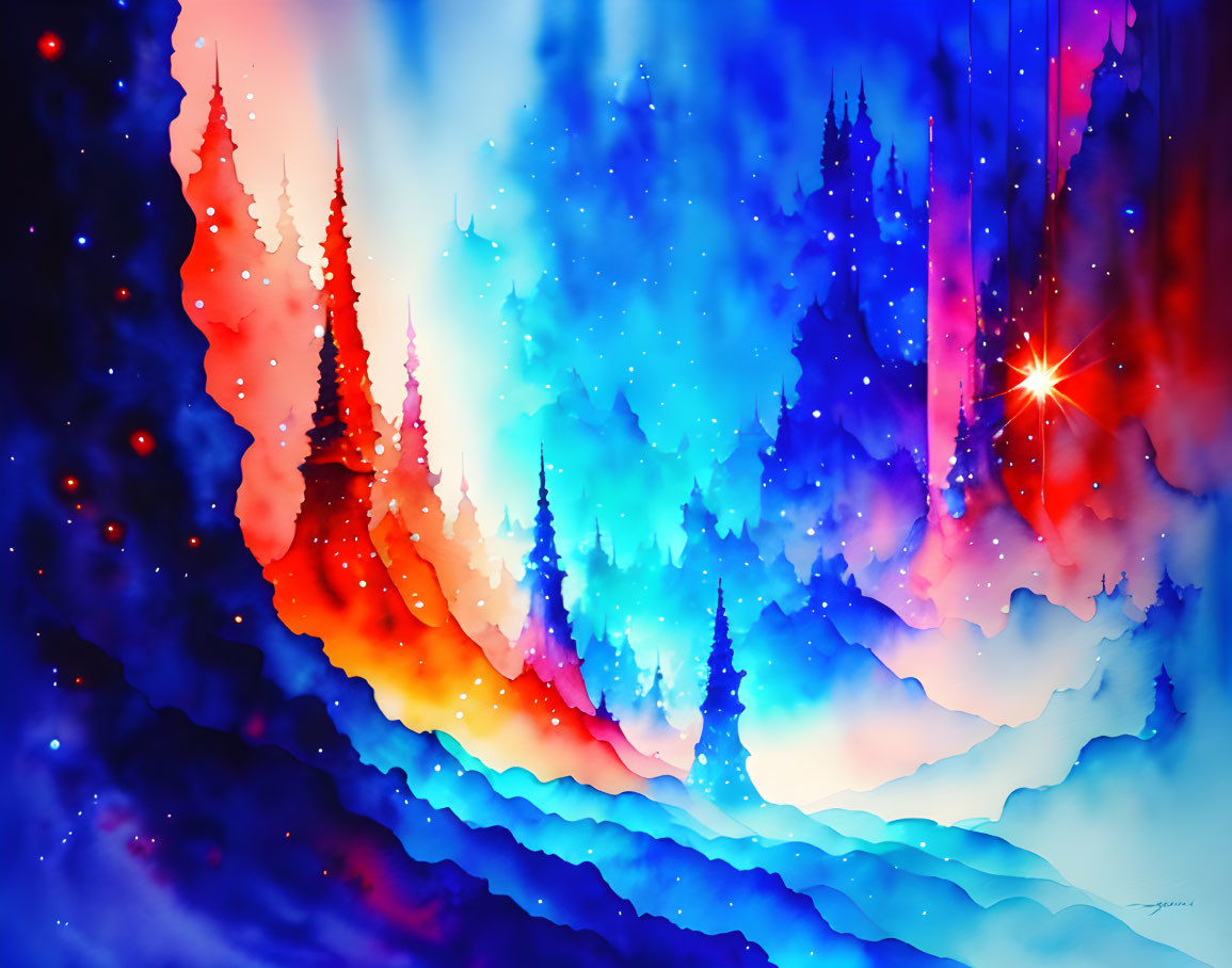 Mystical forest watercolor painting with vivid blue and red hues