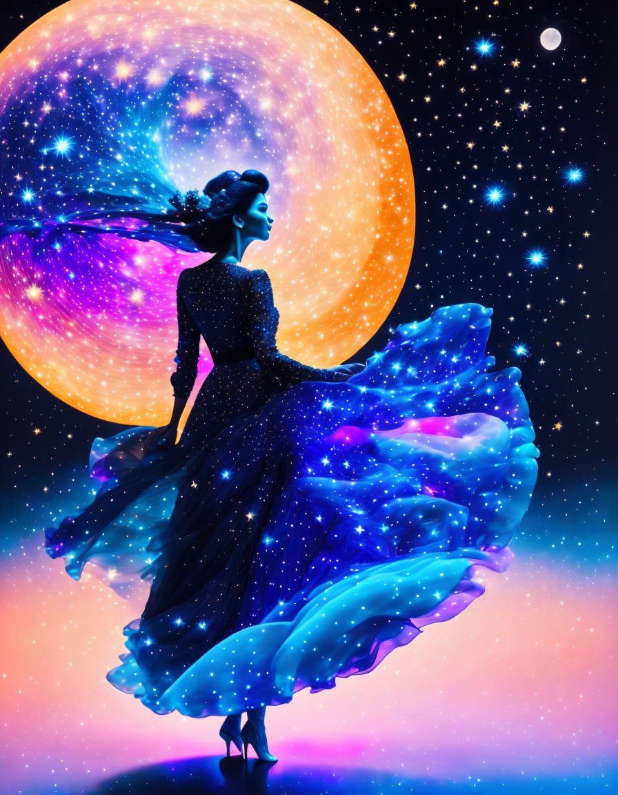 Silhouetted woman in flowing dress against cosmic backdrop with moon and stars