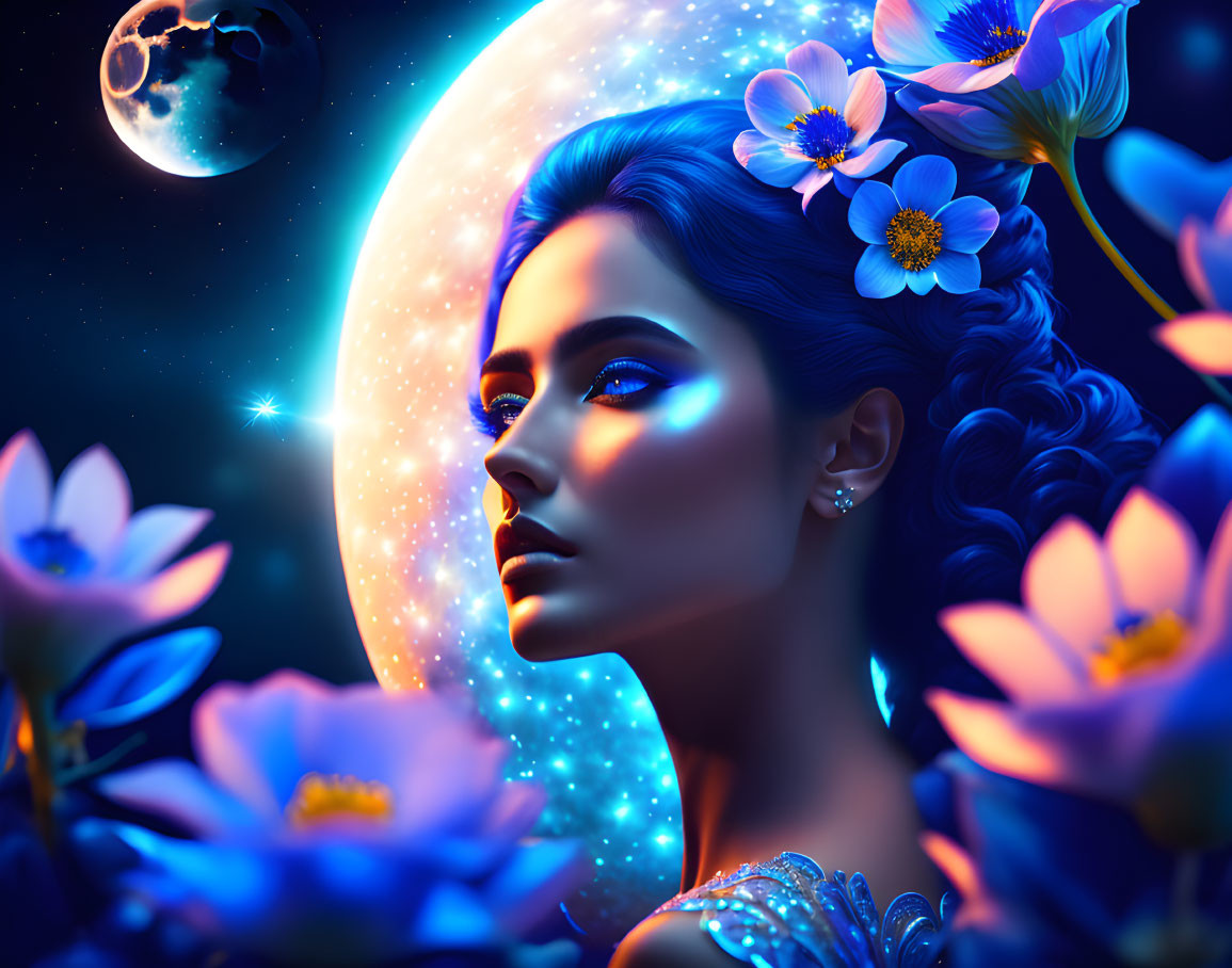 Surreal portrait of woman with blue skin among flowers, full moon, distant planet