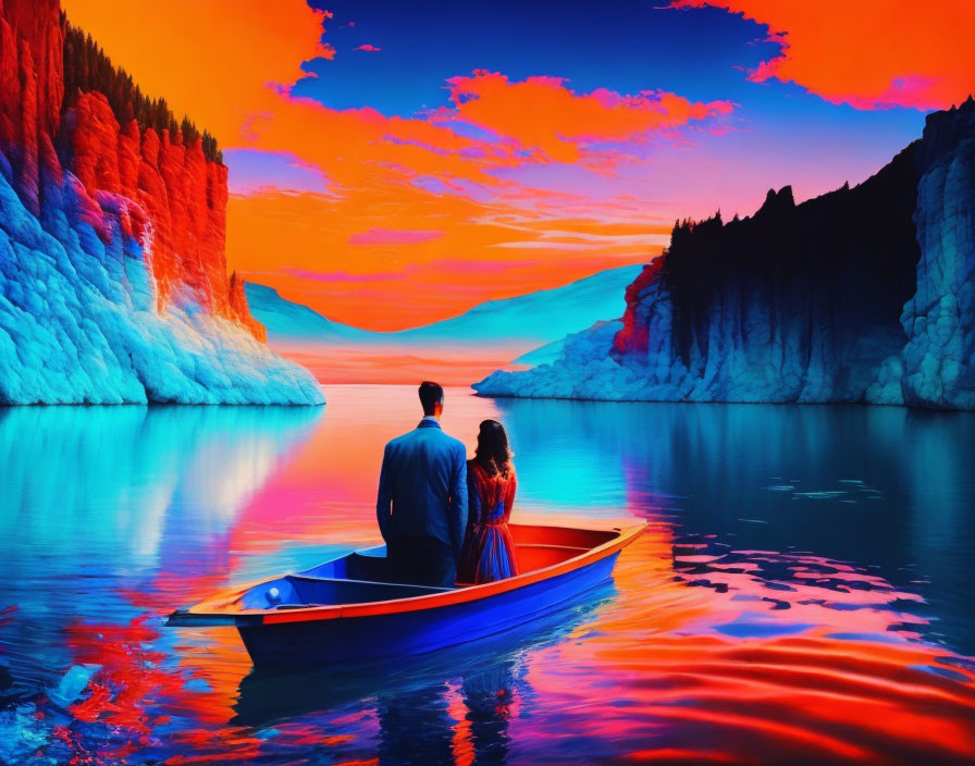 Couple in boat at vibrant sunset with red cliffs