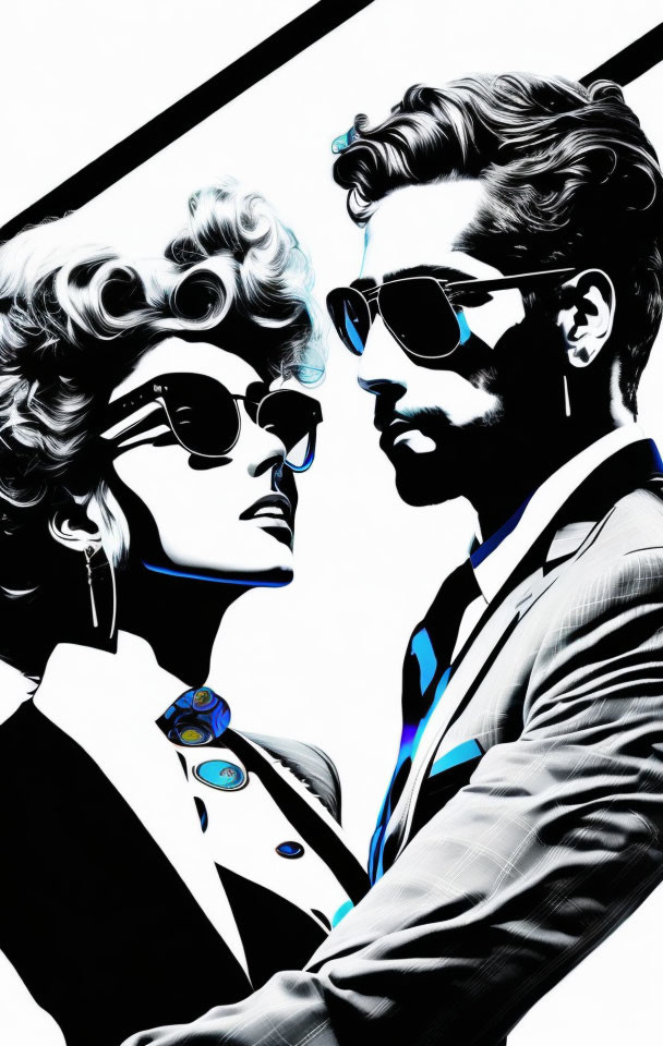 Man and woman in sunglasses illustration with sharp contrast and blue splashes