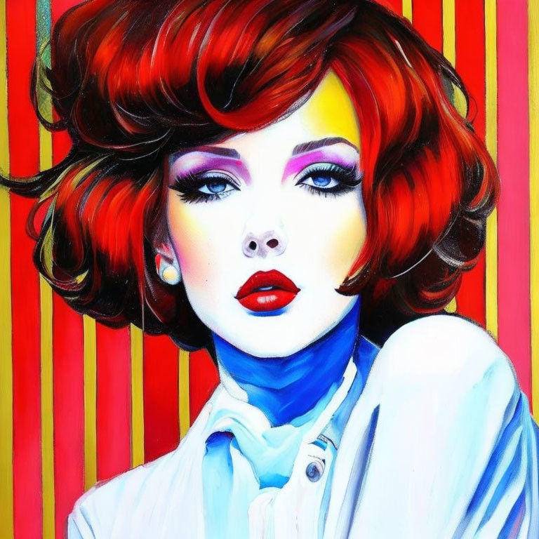 Colorful Portrait of Stylized Woman with Red Hair and Striking Blue Makeup