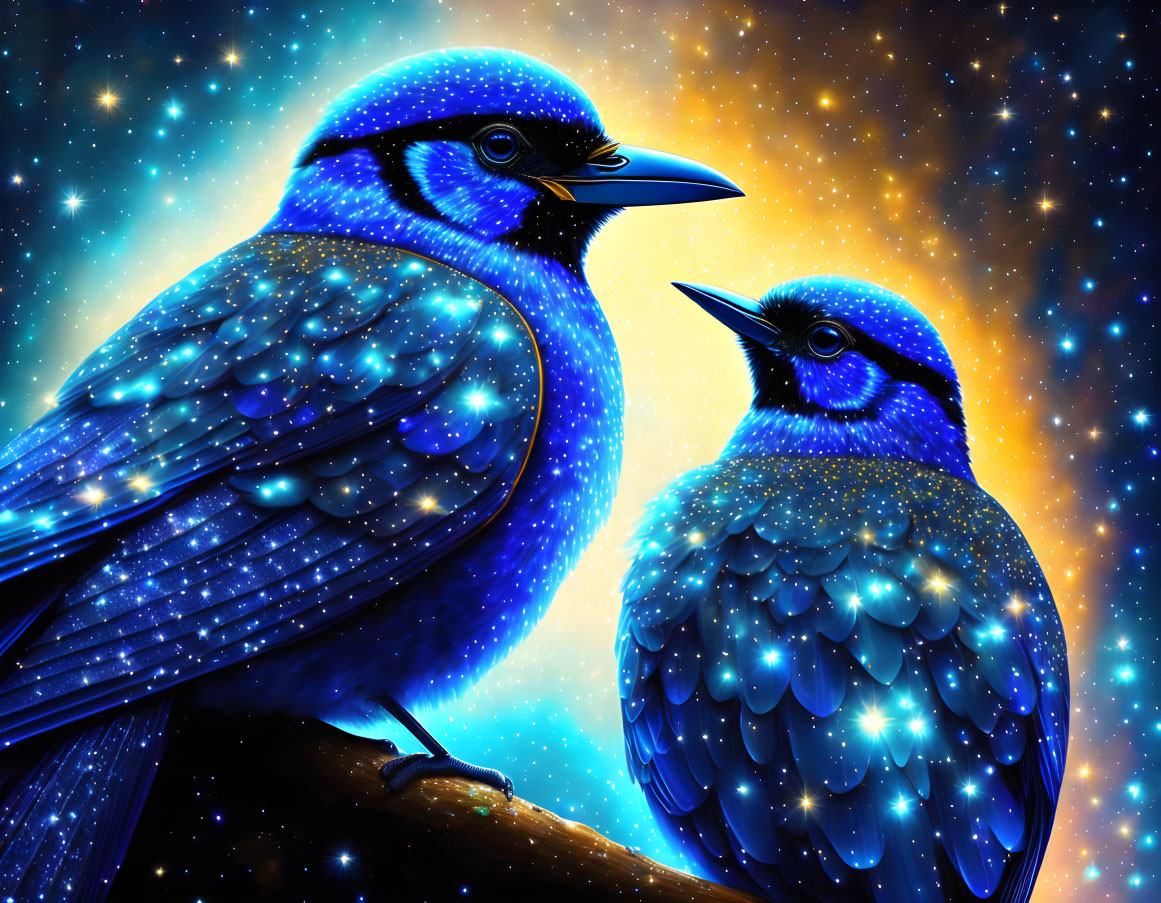 Vibrant blue birds with starry feathers on cosmic background