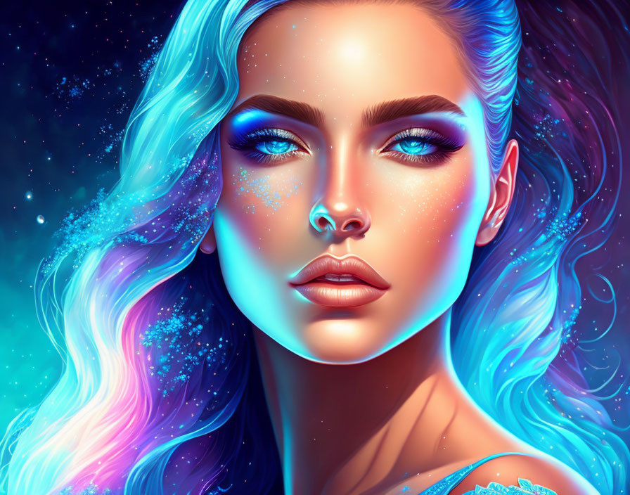 Cosmic-inspired digital artwork featuring woman with blue hair.