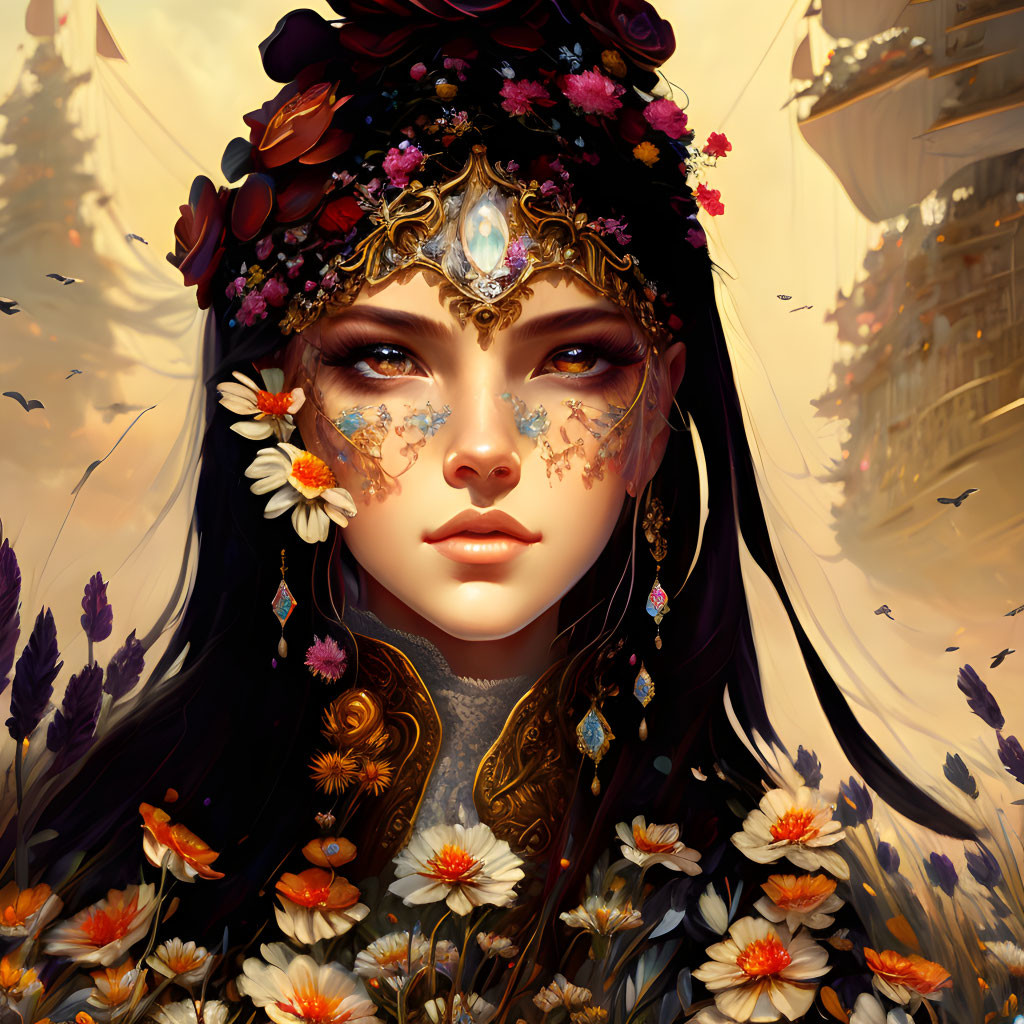 Portrait of woman with floral face paint and jeweled headpiece in fantasy setting.