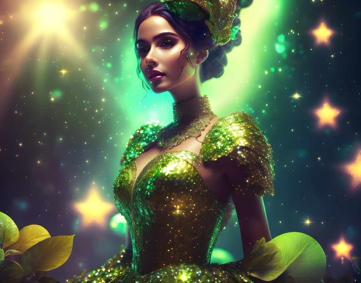 Glamorous woman in green dress with ethereal lights and stars