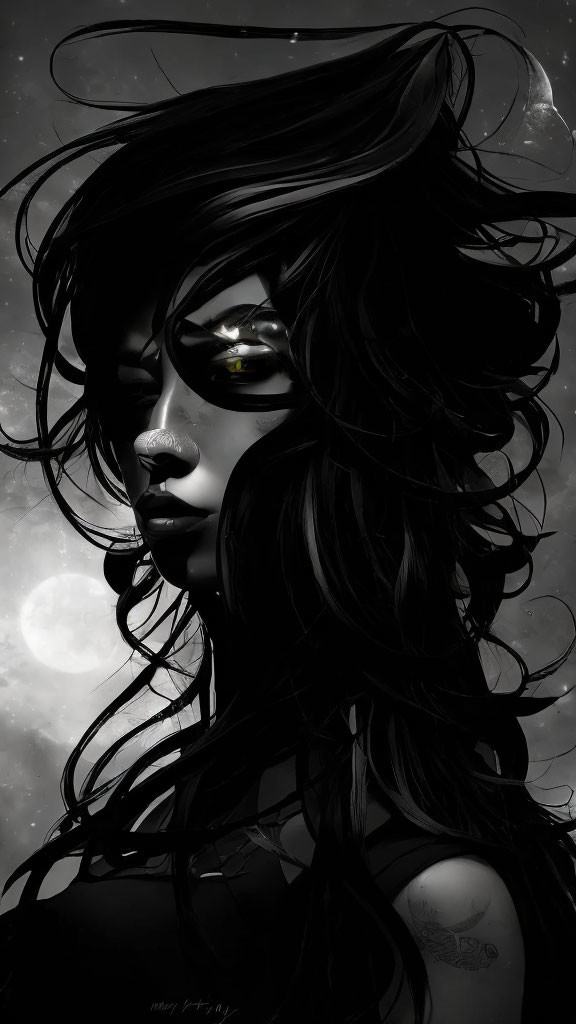 Monochromatic stylized woman with golden eye, crescent moon, and stars.