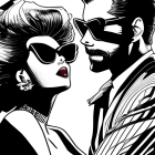 Man and woman in sunglasses illustration with sharp contrast and blue splashes