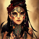 Portrait of woman with floral face paint and jeweled headpiece in fantasy setting.