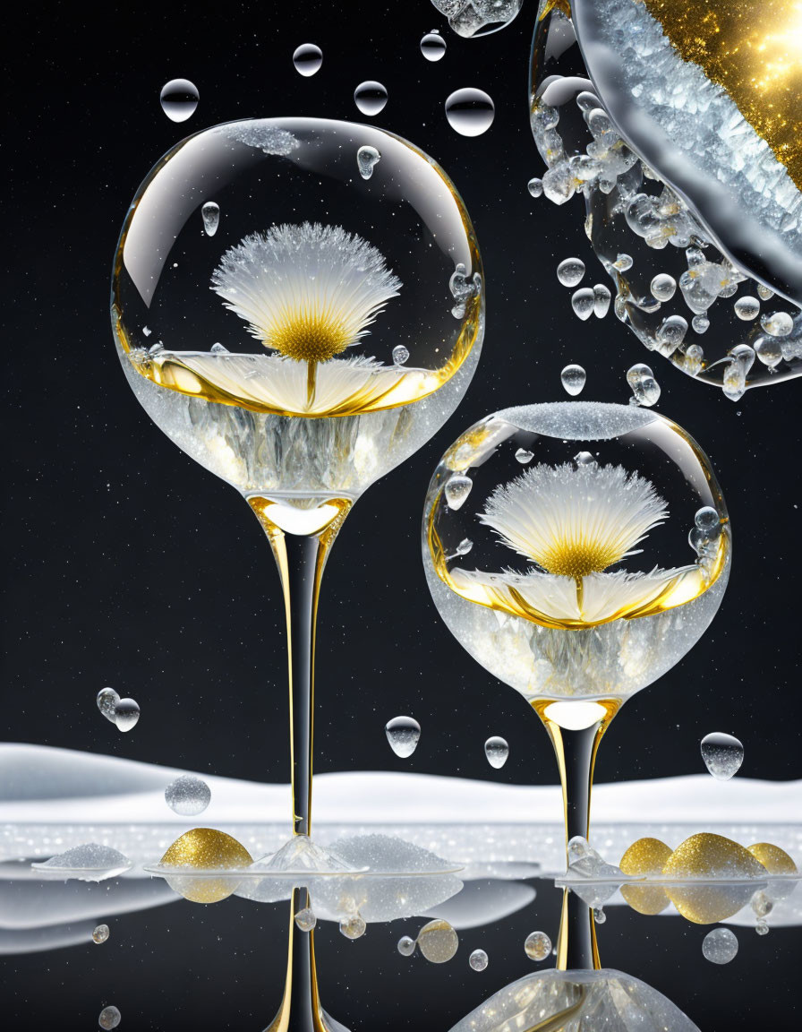 Clear liquid in wine glasses with dandelion seeds and bubbles on dark background