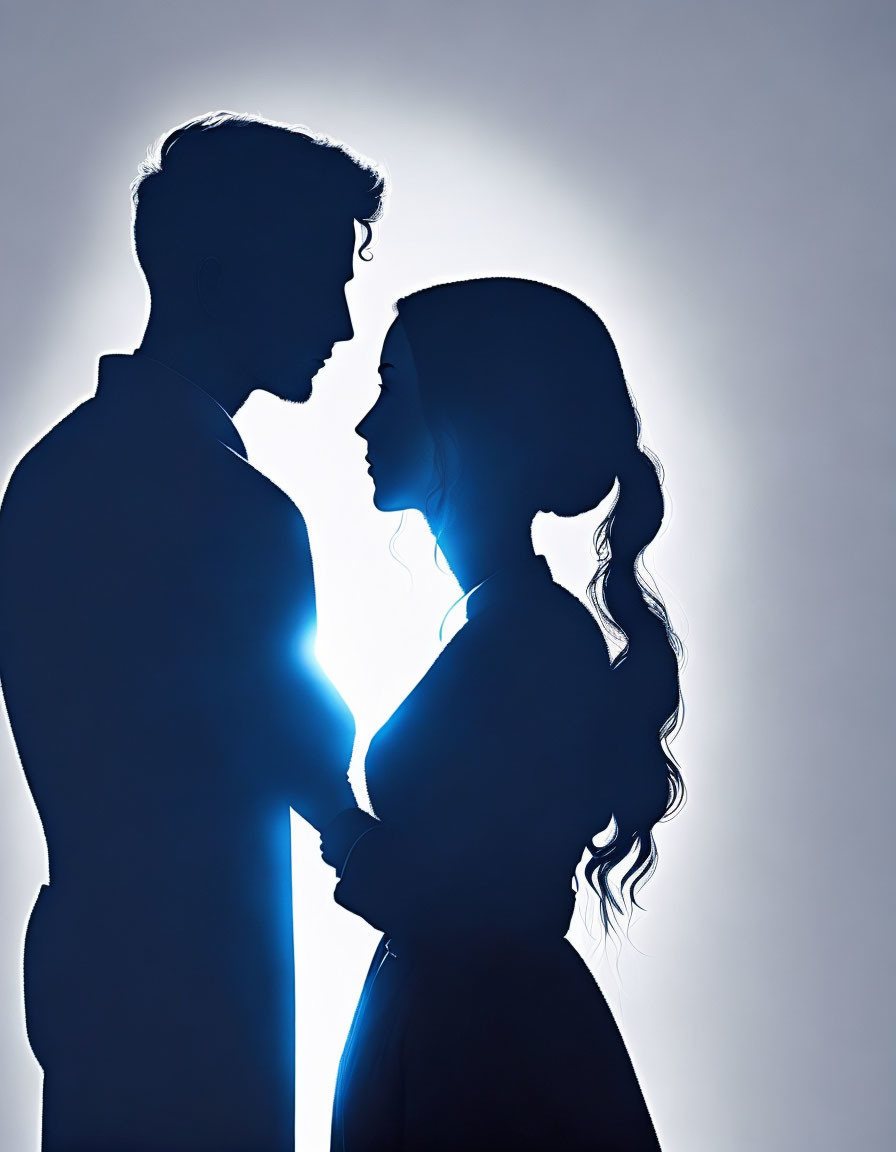 Intimate silhouette of man and woman against bright blue backdrop