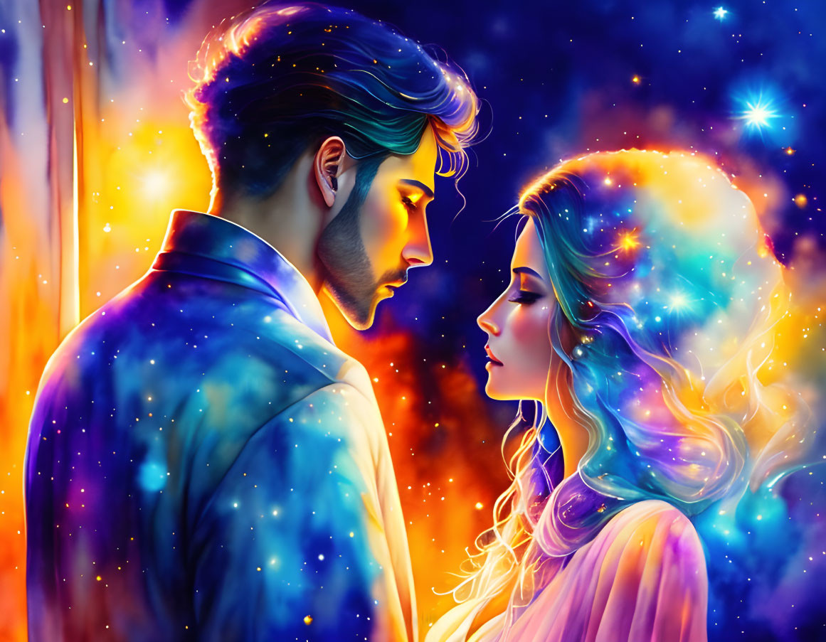 Colorful portrait of man and woman against cosmic background