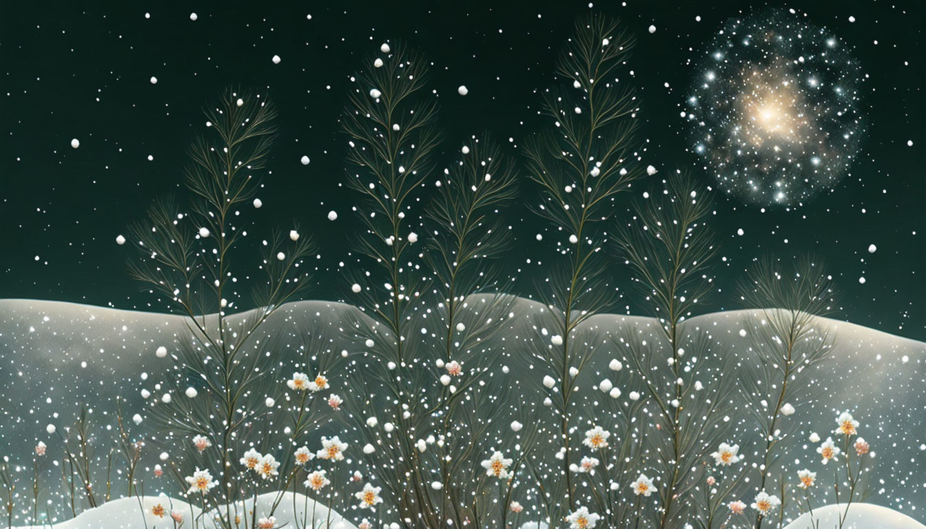 Snow-covered plants under starry night sky with falling snowflakes & distant galaxy.