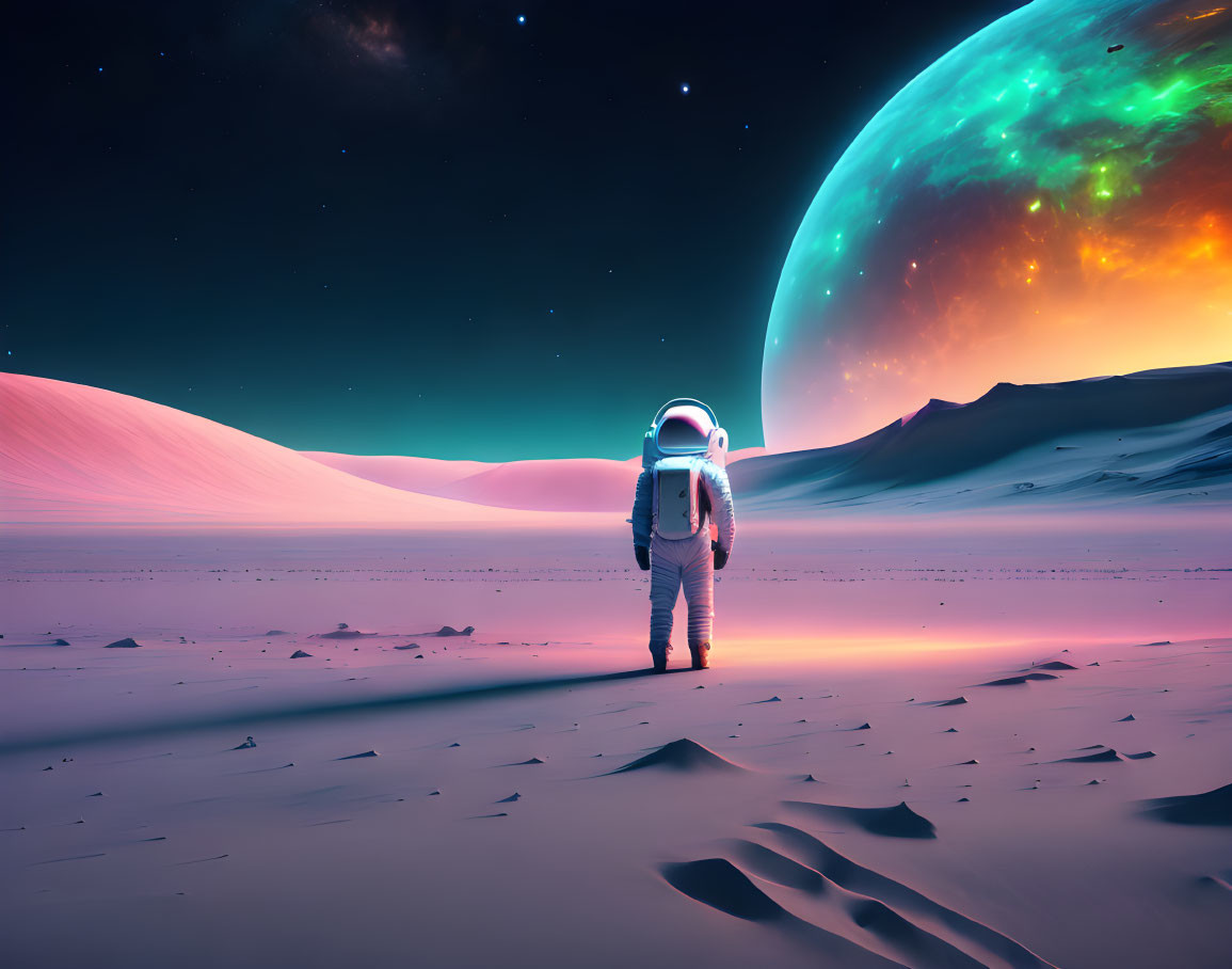 Astronaut on alien desert landscape with colorful planet and starry sky