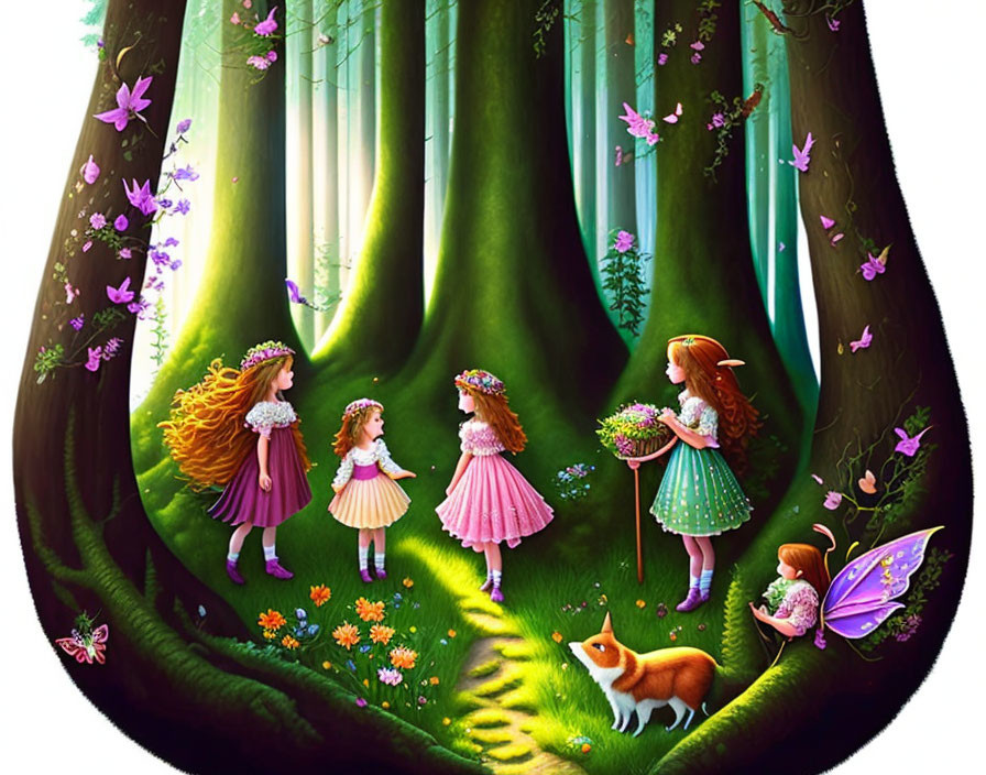 Illustration of five children in lush forest with flowers, fox, and butterflies