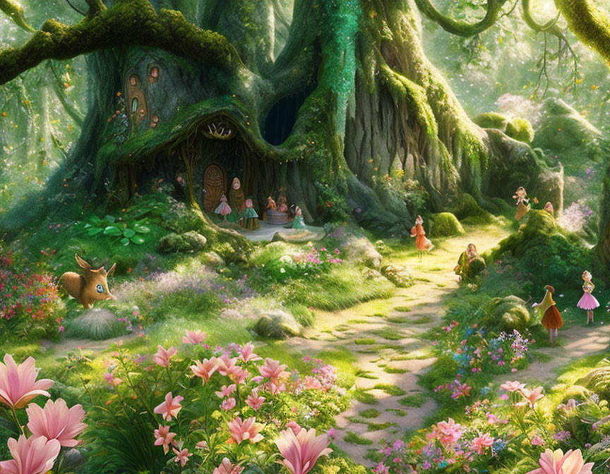 Enchanting forest scene with large tree, fairies, deer, flowers & cobblestone path