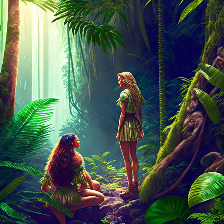 Lush Jungle Scene with Two People Under Sunlight