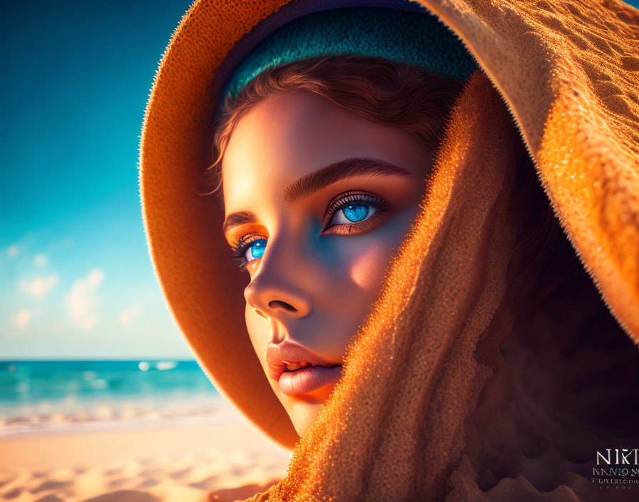 Close-up of woman with striking blue eyes in hat and shawl against beach backdrop