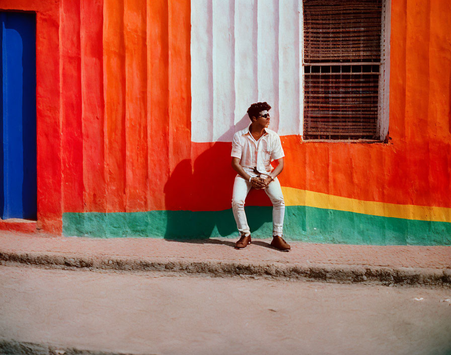 Vibrant multicolored wall with person leaning on sunny day