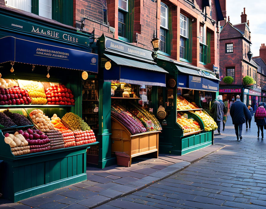 Colorful Fruit and Vegetable Stalls at Traditional European Shops at Dusk