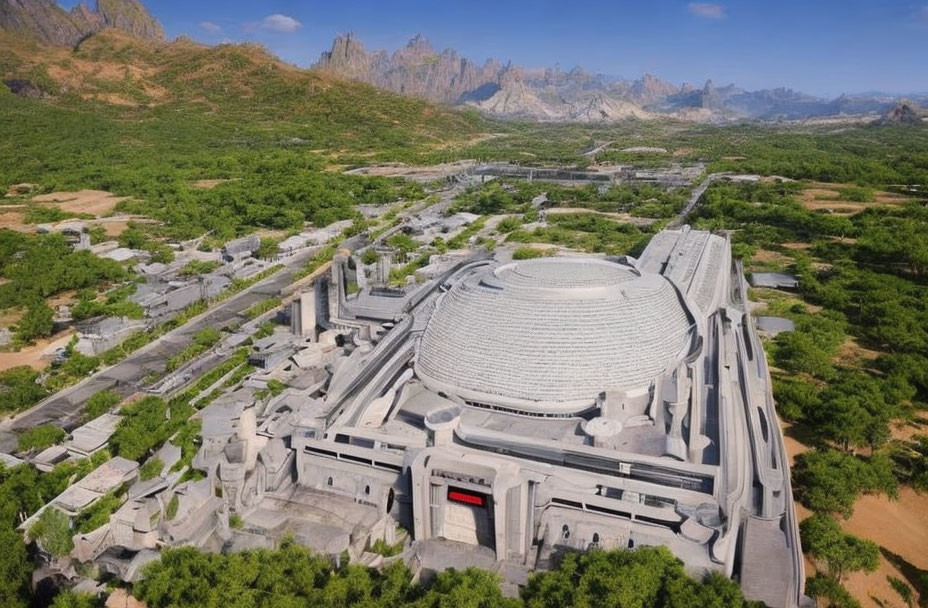 Large Dome-Shaped Building Surrounded by Greenery and Mountains