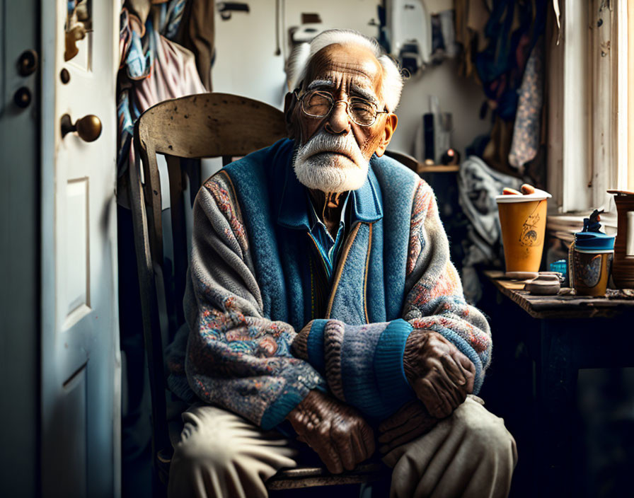 Elderly Man in Colorful Sweater Sitting in Cluttered Room