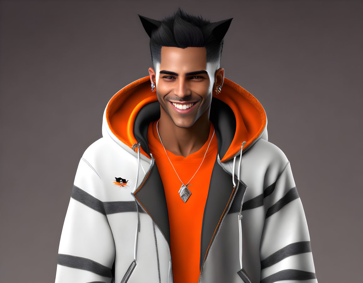 Digital portrait of smiling man with fox ears in striped hoodie, orange shirt, earphones, necklace