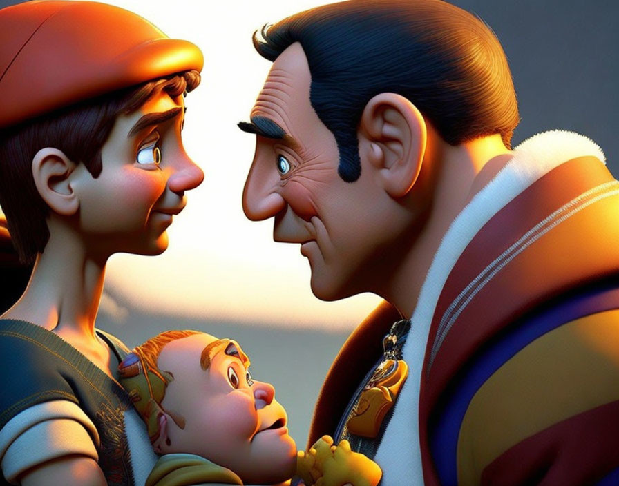 Animated characters with young boy, smiling older man, and small child in cap.