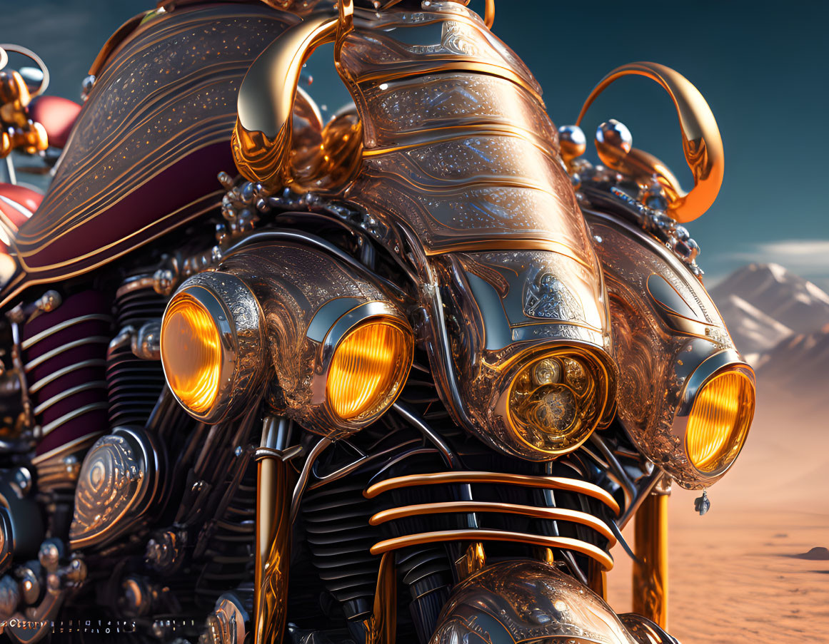 Detailed Steampunk Motorcycle with Dual Front Lights in Desert