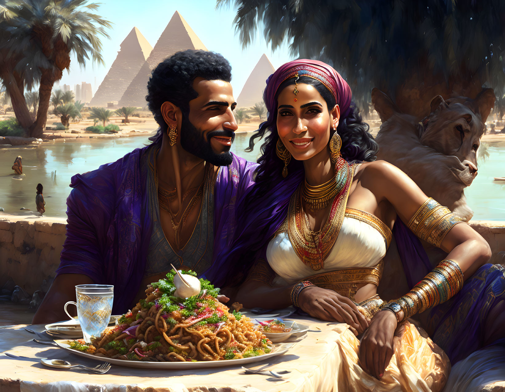 Ancient Egyptian couple enjoying meal by Nile and pyramids