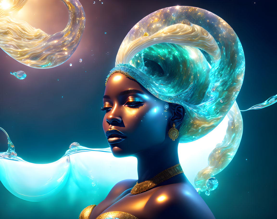 Cosmic-themed digital artwork of a woman with swirling galaxy hair and gold jewelry