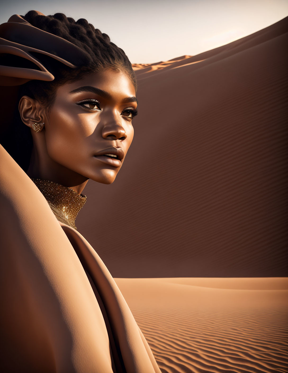 Woman with Braided Hair and Striking Makeup in Desert Setting with Golden Neckpiece