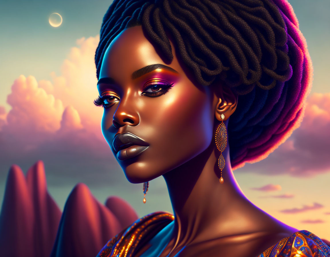 Stylized woman illustration with golden earrings in desert scene