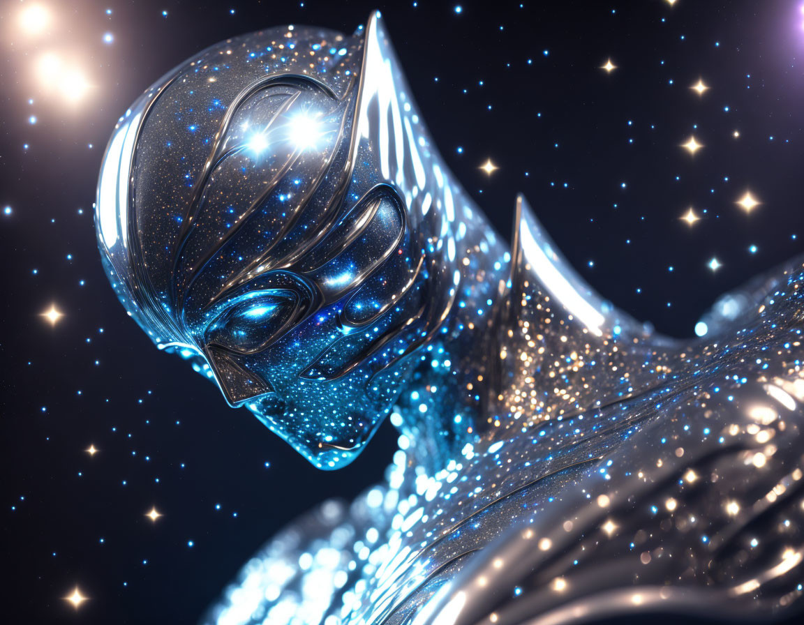 Digital art: Character in futuristic helmet mask on cosmic background