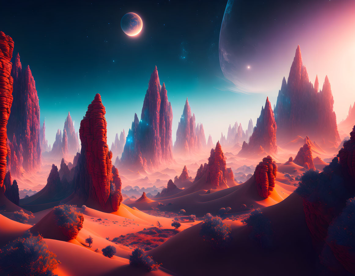 Alien landscape with red rock spires in desert with two moons and nebula glow