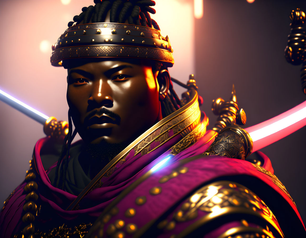 Futuristic warrior in golden armor with glowing swords on moody backdrop