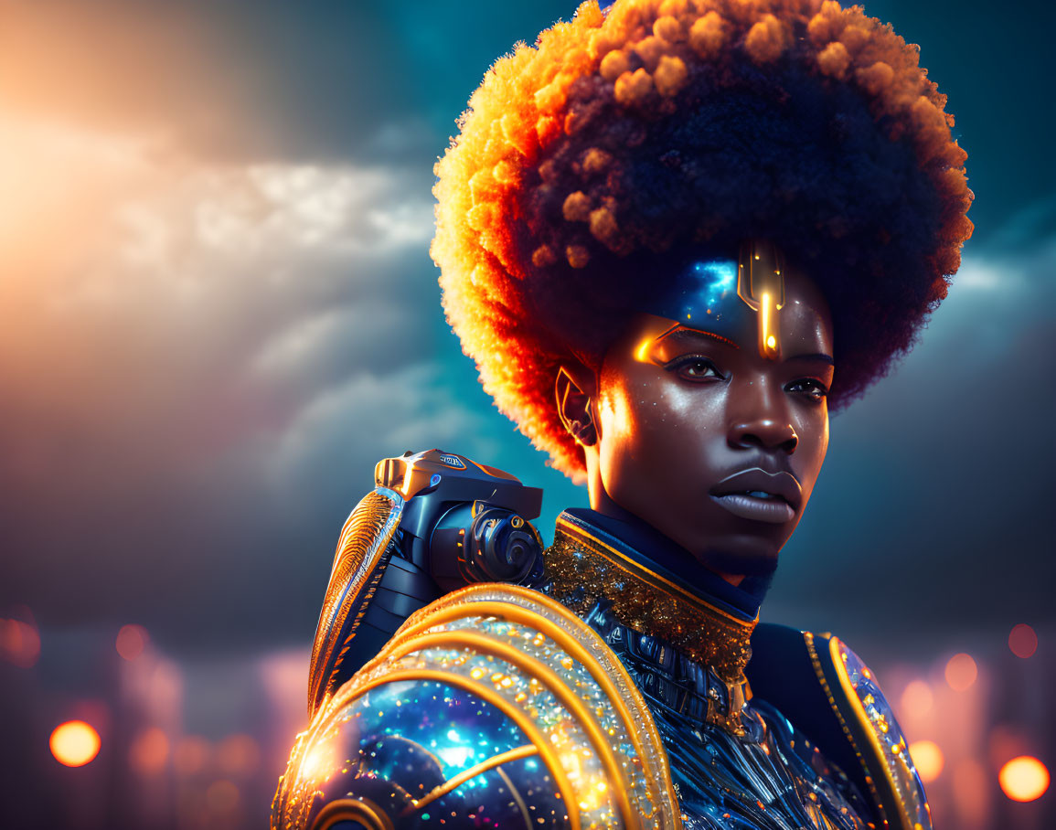 Person with Afro and Cybernetic Features in Futuristic Outfit on Dusk Cityscape