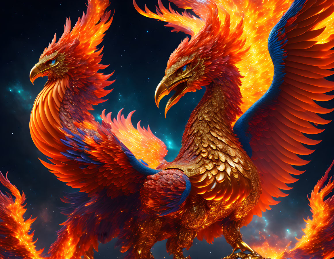 Fiery red and orange phoenixes soaring in starry sky