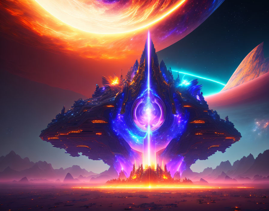 Alien structure emitting blue beam in sci-fi landscape