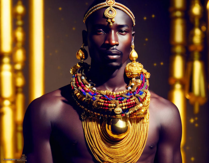 Man in elaborate golden jewelry against backdrop of vertical lights