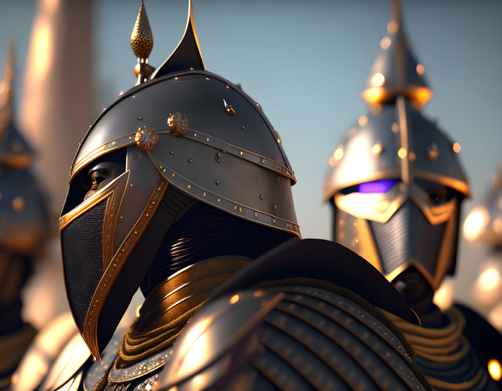 Detailed close-up of two medieval knights in ornate armor under golden light