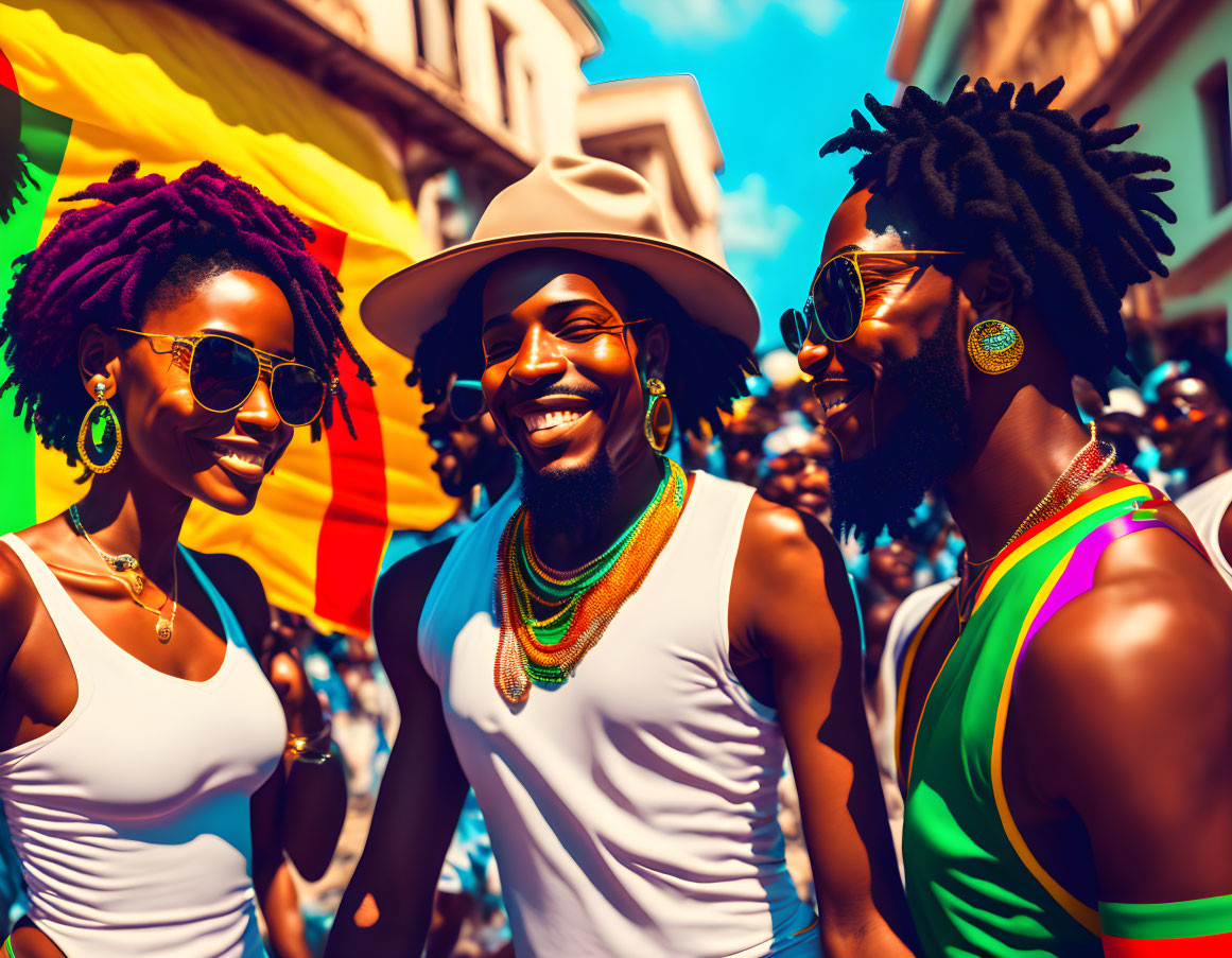 Vibrant friends at sunny street festival in colorful attire