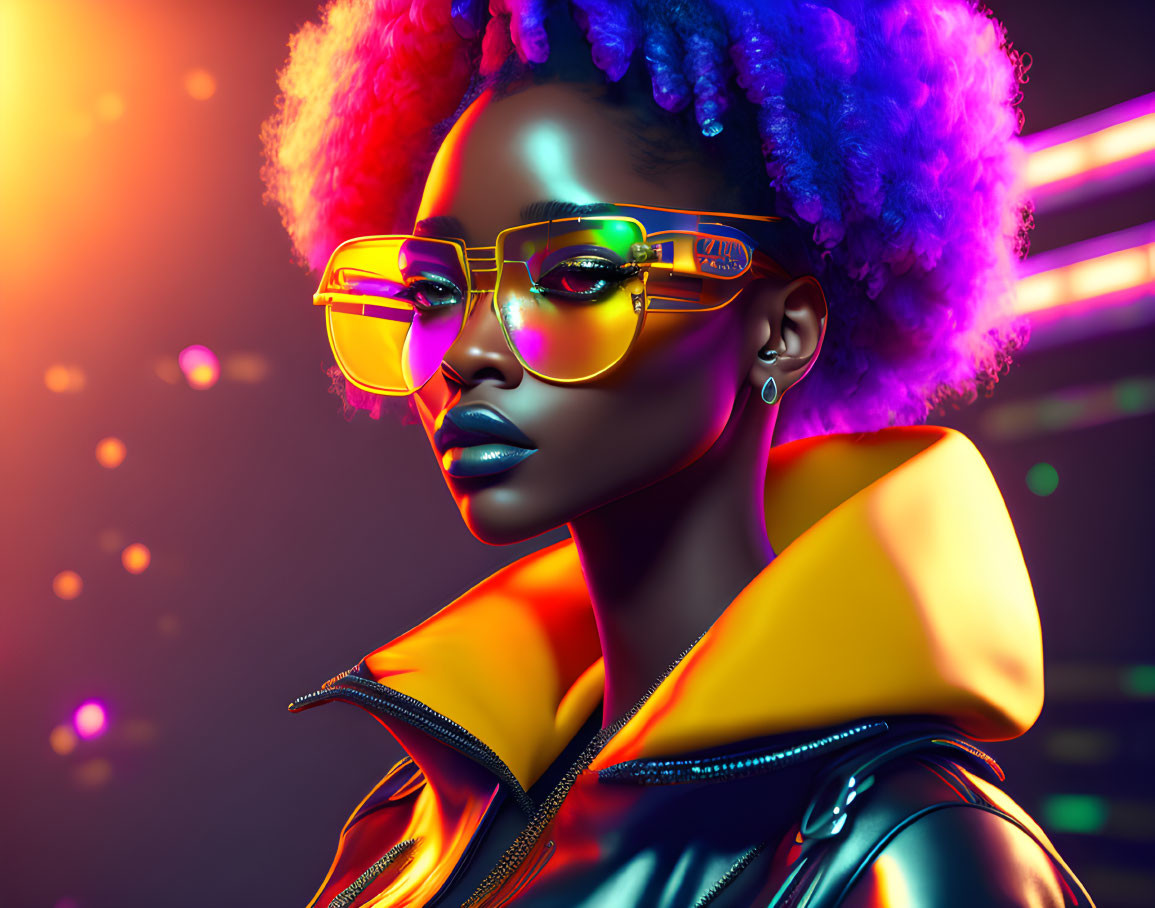 Colorful Afro Woman in Sunglasses on Neon Background