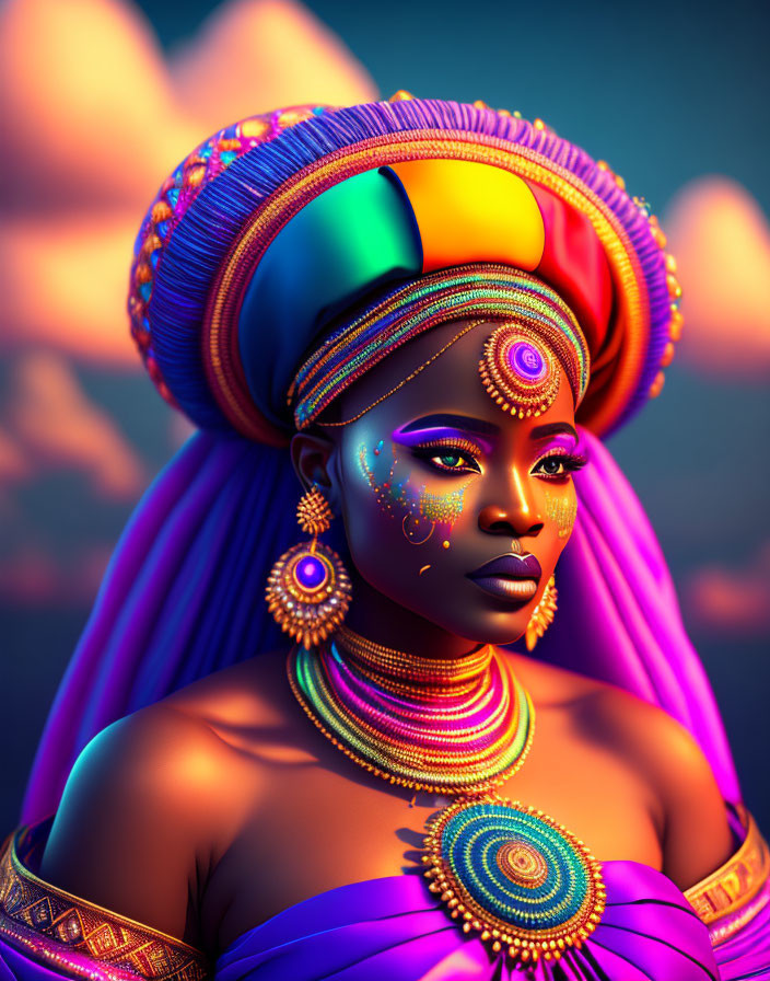 Vibrant woman portrait with traditional headwear and makeup at sunset