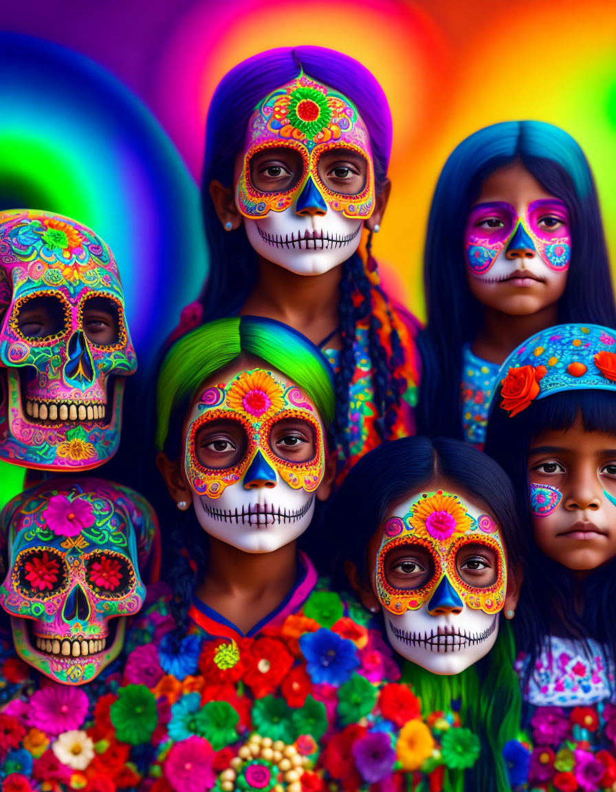 Vibrant sugar skull face paint on people with colorful flowers and rainbow background