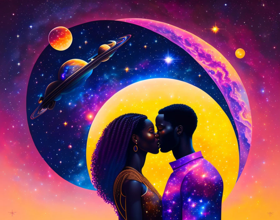 Intimate couple with cosmic backdrop of planets, stars, and spaceship.