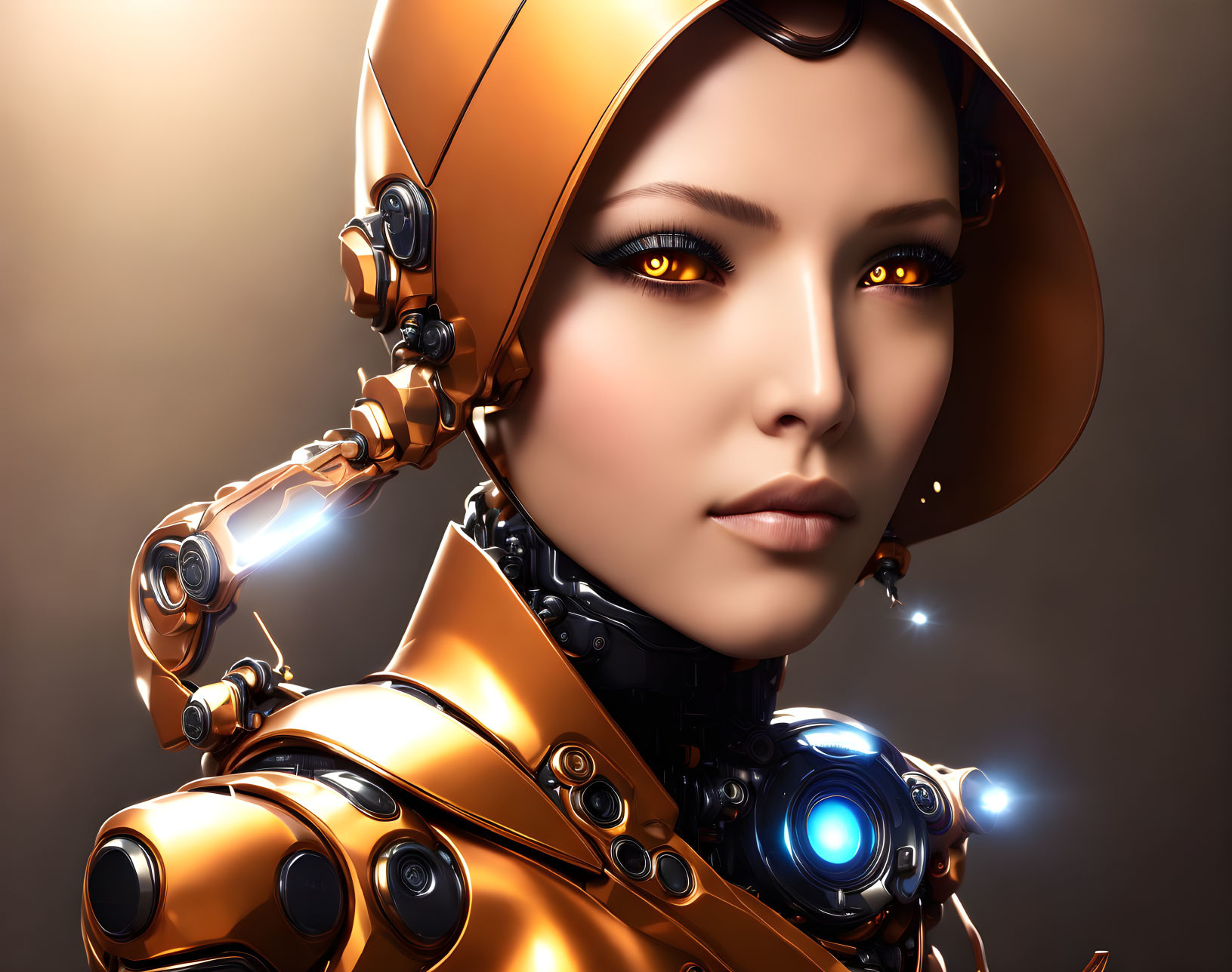 Futuristic female robot with orange helmet and glowing eyes on golden background