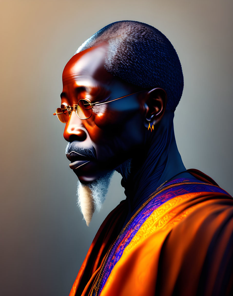 Elderly man with beard and glasses in vibrant orange attire on warm gradient backdrop